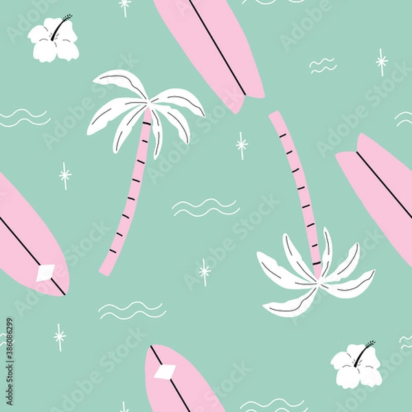 Obraz seamless pink and green palm trees pattern with tropical flower. repeating vector beach and surfing pattern with surf boards.