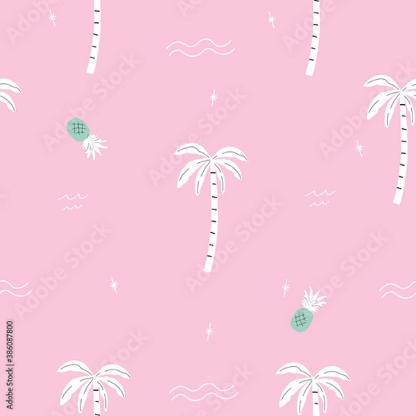 Obraz seamless pink and green palm trees and pineapple pattern with tropical flower. repeating vector beach and surfing pattern with surf boards.