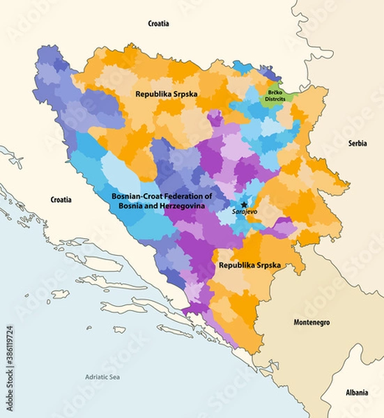 Fototapeta Vector map of municipalities of Bosnia and Herzegovina colored by regions, with neighbouring countries and territories