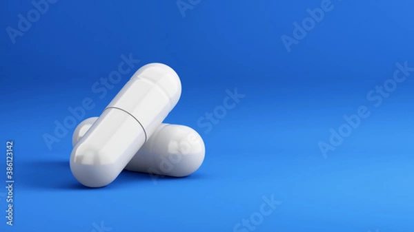 Obraz Para białych tabletek na niebieskim tle. Renderowanie 3d