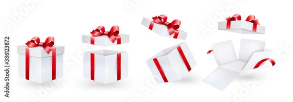 Fototapeta Gift box with red ribbon and bow. Different position of a festive white paper box.