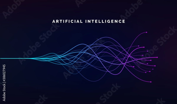 Fototapeta Artificial intelligence ai and deep learning concept of neural networks. Wave equalizer. Blue and purple lines. Vector illustration