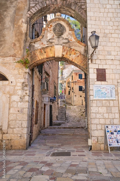 Fototapeta Empty narrow streets in old Kotor, Montenegro