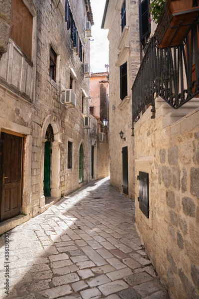 Fototapeta Empty narrow streets in old Kotor, Montenegro