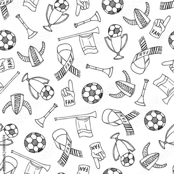 Obraz Football fan doodle seamless pattern. Hand drawn black and white texture. Stock vector illustration.