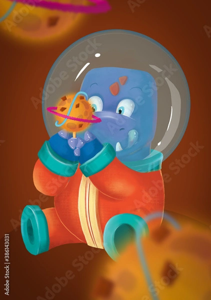 Obraz Baby dinosaur eating a planet lollipop illustration. Cute digitally painted dinosaur with planets and space elements. For birthday cards, greeting cards, wall art and nursery designs.