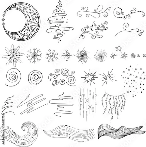 Fototapeta Winter Set of Christmas linear vector decorative element christmas tree, moon, star, snowflake, snow, garland. Linear clipart of element for postcard, banner, season design, New year festive decor