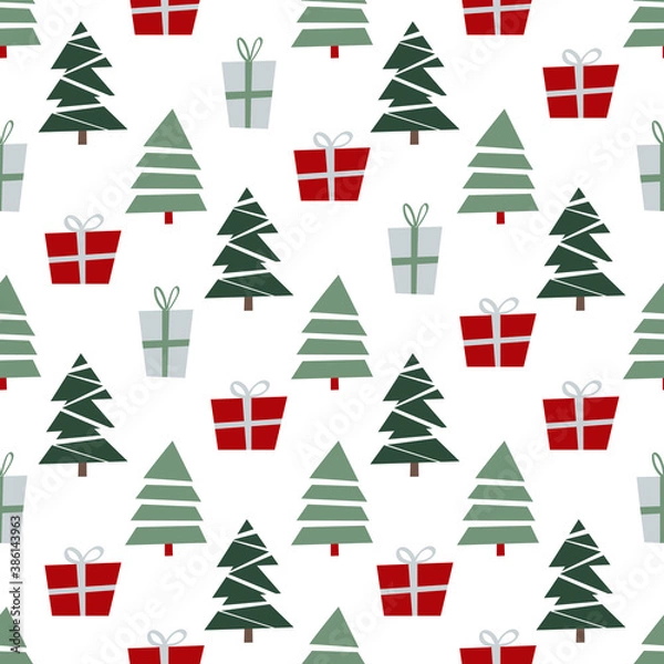 Fototapeta Friendly scandinavian seamless pattern with christmas trees and presents on a white background. Stylized winter trees digital paper.