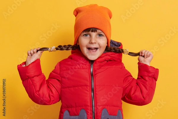 Obraz Little girl pulling her pigtails to sides, looking at camera with excited facial expression, keeps mouth opened, wearing warm clothing, standing isolated over yellow background.