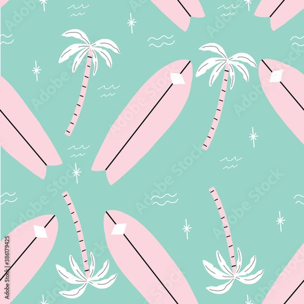 Fototapeta seamless pink and green palm trees pattern with tropical flower. repeating vector beach and surfing pattern with surf boards.
