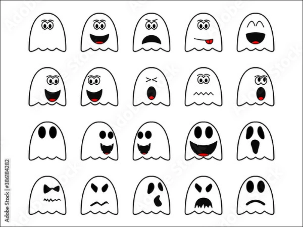Fototapeta isolated white cute ghost cartoon in vary face on white background, halloween ghost illustration with emotions.