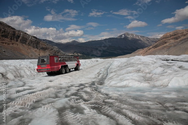 Obraz Ice Explorer massive vehicle snow coach bus driving on the ice road to  Athabasca Glacier during summer  in the boundary of Banff and Jasper National Park, Canadian Rockies, Alberta, Canada.