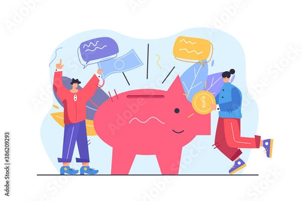 Obraz Girl and guy save money and put the accumulated pig in a big piggy bank isolated on white background, flat vector illustration