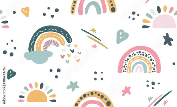Fototapeta Seamless vector pattern with hand drawn rainbows and sun.