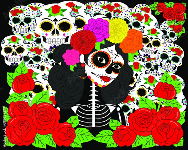 Fototapeta Ilustración vectorial para conmemorar el día de los muertos, fondo negro con calaveras decoradas de colores, mujer disfrazada para celebrar el día y rosas a su alrededor
