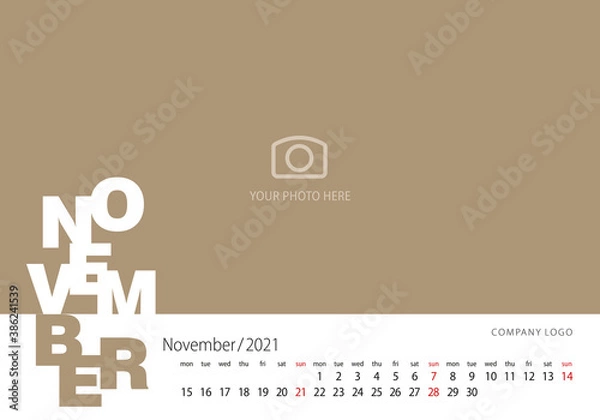 Fototapeta Calendar 2021 New Year 11 month November modern template gold background