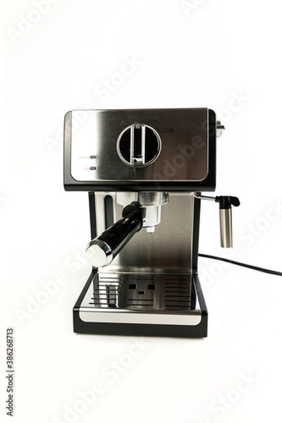 Obraz Black and silver espresso machine with filter holder and steaming wand