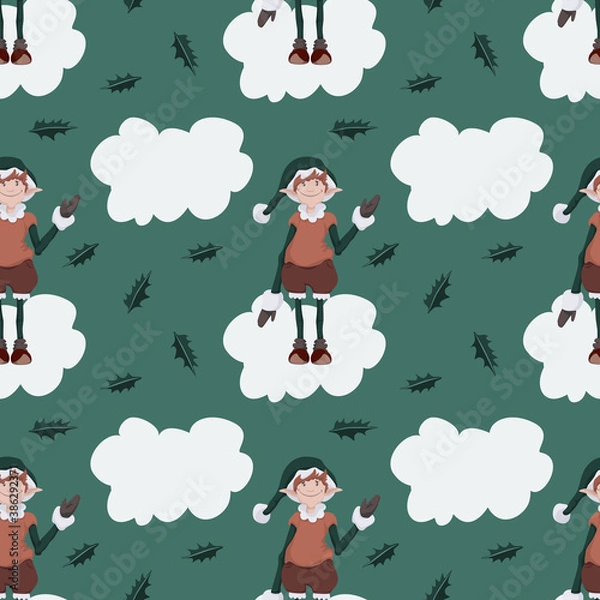 Fototapeta Vector seamless pattern with christmas elf standing on a white bubble and holly leaves on green background