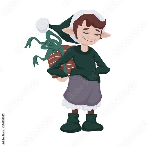 Fototapeta Cute little elf with a gift box in his hands vector illustration