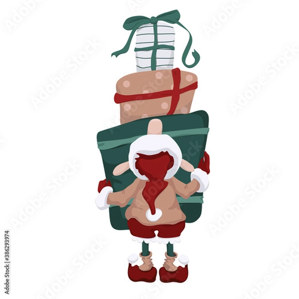 Fototapeta Funny elf with gift boxes in his hands vector illustration