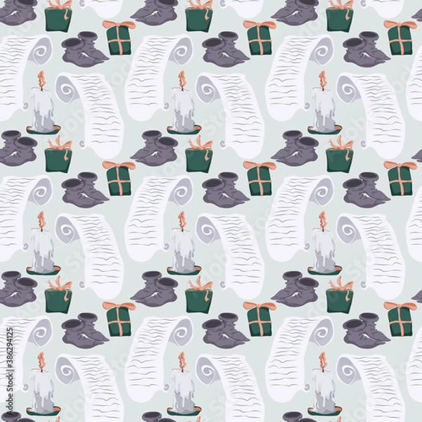 Fototapeta Vector seamless pattern with scroll, candle, gifts and socks on blue background