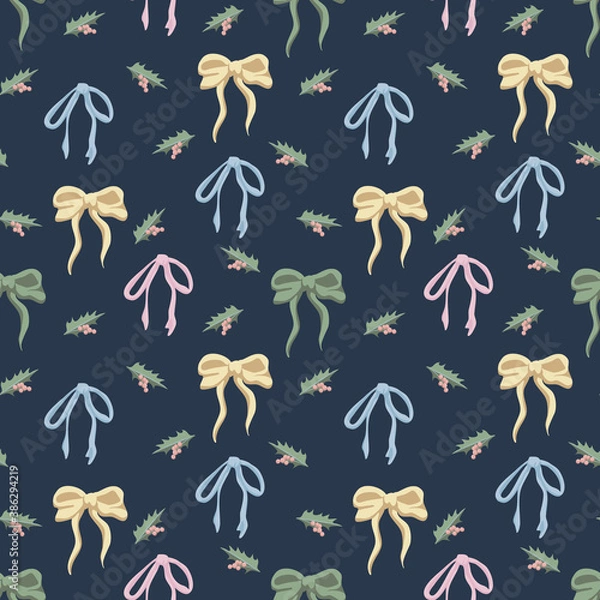 Fototapeta Winter holidays theme seamless vector pattern with ribbon and holly leaves 