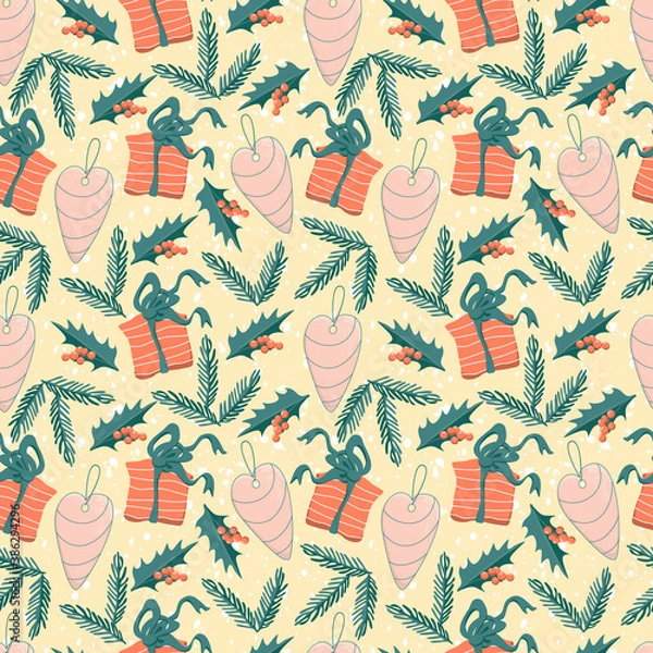 Fototapeta Cute seamless pattern christmas theme with gifts, holly leaves, toys, and christmas tree branch vector