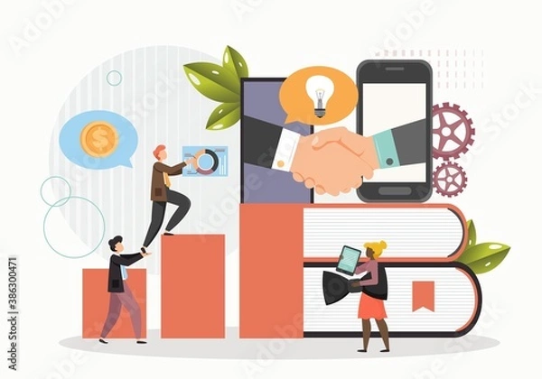 Obraz Businessman taking his business to the next level, flat vector illustration. Next level to success.