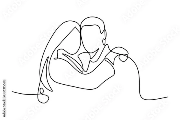Fototapeta Portrait of сouple in love in continuous line art drawing style. Loving man and woman hug each other black linear sketch isolated on white background. Vector illustration