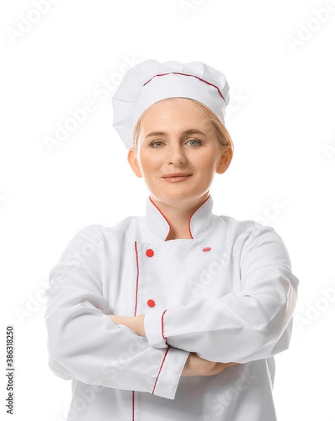 Fototapeta Mature female chef on white background