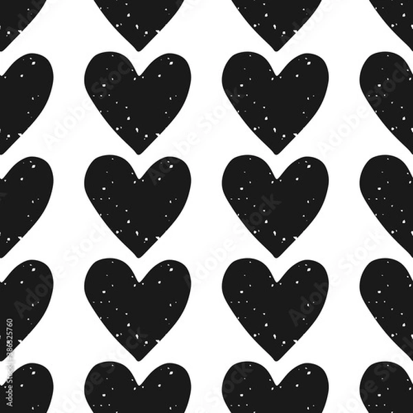 Fototapeta Valentine's Day block print seamless pattern with rows of grunge textured black hearts on white background