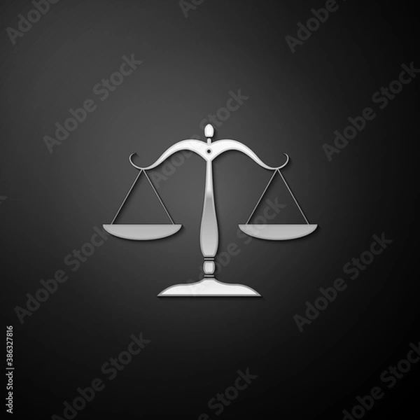 Fototapeta Silver Scales of justice icon isolated on black background. Court of law symbol. Balance scale sign. Long shadow style. Vector.