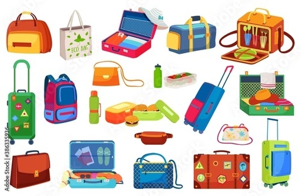 Fototapeta Traveling luggage icons isolated vector illustrations set. Suitcase for trip, open travel bag, journey baggage and tourists item. Packing luggage for summer voyage with stickers, travellers briefcase.
