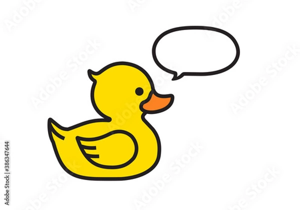 Fototapeta Yellow duck with a speech bubble isolated on white