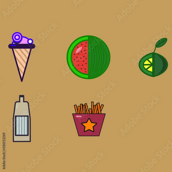 Obraz Vector image of icons depicting fast food and fruit on a brown background