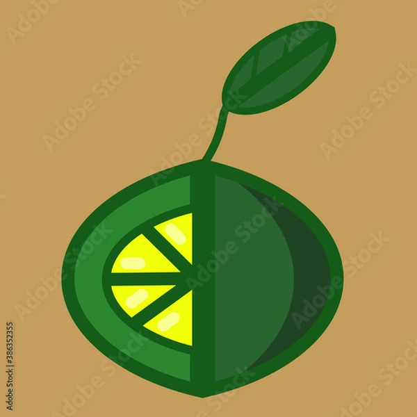 Fototapeta Vector image of lime with a cut piece and yellow core on a brown background