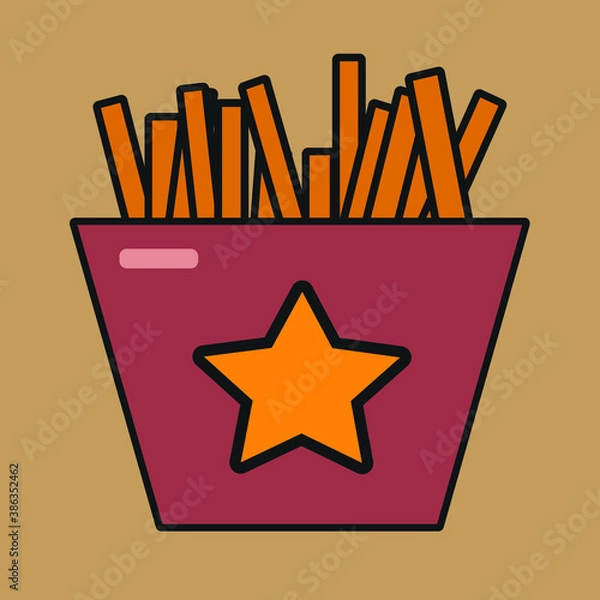 Obraz Vector image of fried fries in red packaging on a brown background