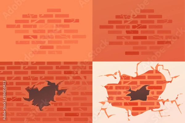 Fototapeta Brick walls set. Pattern of red brick. Destroyed wall, collapse of masonry, accident, strong blow against the wall.