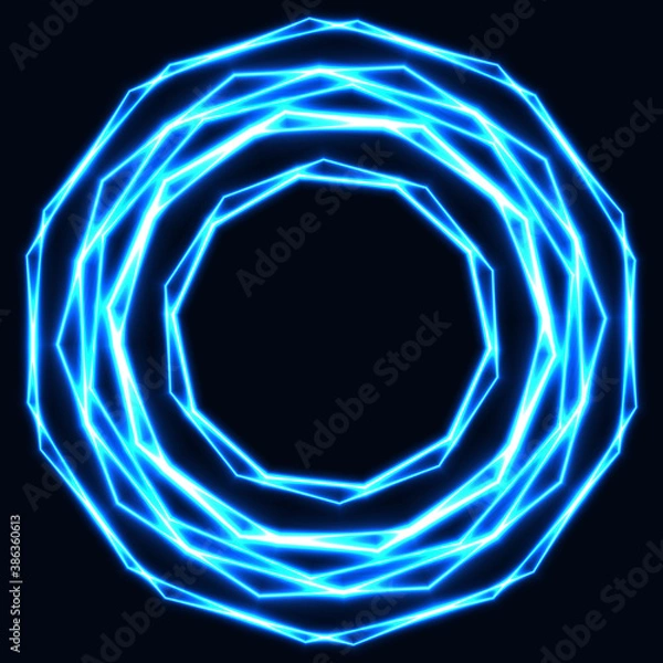 Fototapeta Shinning laser ice cold magic circles. Dark background with neon blue  glow rings with empty centre - place for text