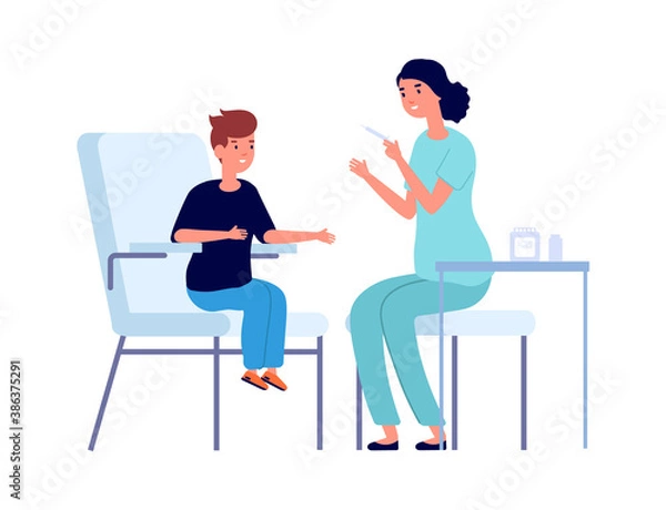 Fototapeta Boy vaccination. Nurse with syringe injects child. Disease or flu, virus prevention and protection vector illustration. Immunization and vaccination, infection protection