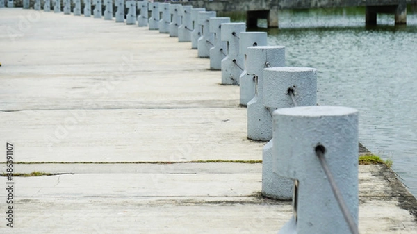 Fototapeta Concrete pedestrian walkway protection near a lake in a park. White small concrete posts on a walkway.
