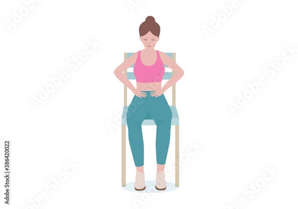 Obraz Exercises that can be done at-home using a sturdy chair.
place your hands on your waist. Take a deep breath in through the nose, then exhale slowly.  with BREATHING posture. Cartoon style.