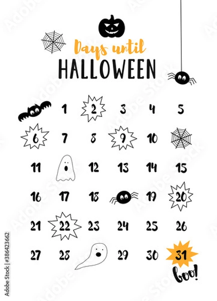 Fototapeta Days until Halloween. Halloween countdown. October Calendar. The symbols of Halloween cast, spiderweb, spider, pumpkin, bat. Vector illustration