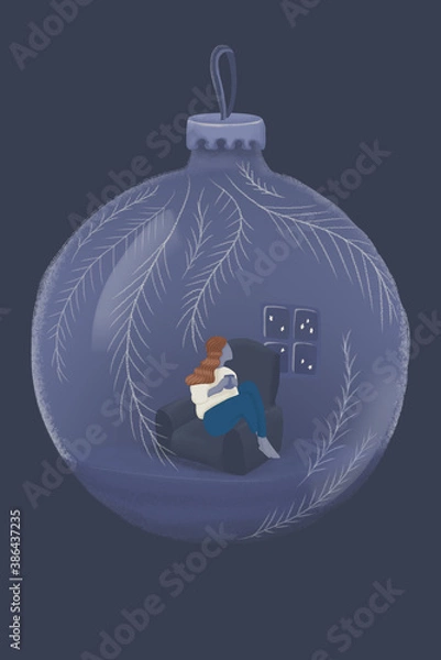 Fototapeta Winter illustration of a girl holding a hot chocolate cup with steam. Calm, cozy feeling of staying at home. For cards and winter designs