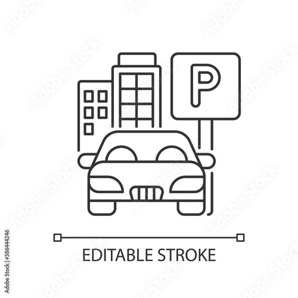 Fototapeta Parking spot pixel perfect linear icon. Lot for automobiles near home. Garage area service. Thin line customizable illustration. Contour symbol. Vector isolated outline drawing. Editable stroke