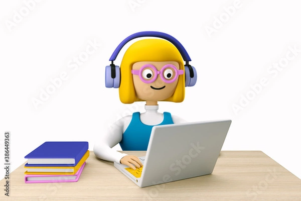 Fototapeta Schoolgirl Sophie learn from home by laptop. 3d character of a schoolgirl in headphones with a laptop. 3d illustration. 3d rendering