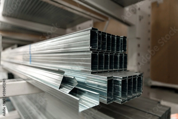 Fototapeta Stack of galvanized rectangular steel pipes for building materials. Production and construction of walls and ceilings from drywall. concept of construction.