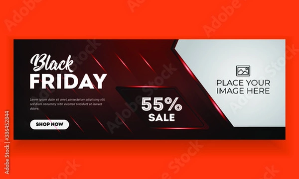 Fototapeta Black Friday Sale Banner Design with red gradient background and lighting.