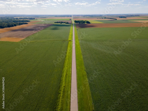 Fototapeta Aerial View of Farm Fields and Road on Summer Day in North Dakota.