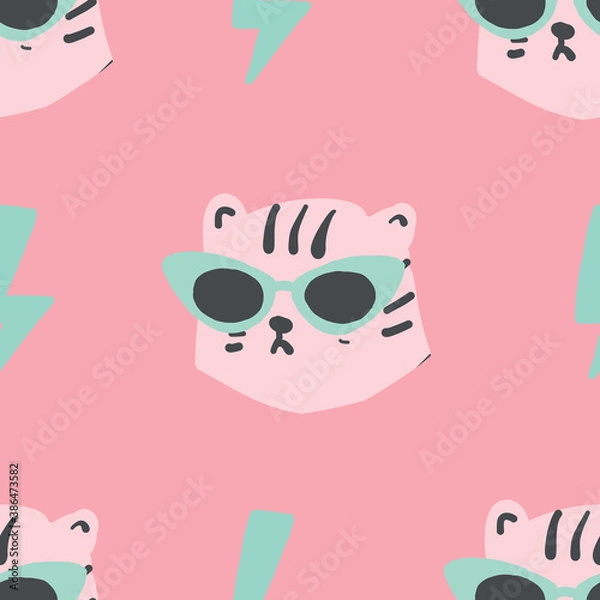 Obraz seamless simple leopard head with pink cat eye glasses seamless repeat light pink pastel pattern. Trendy tiger pattern.